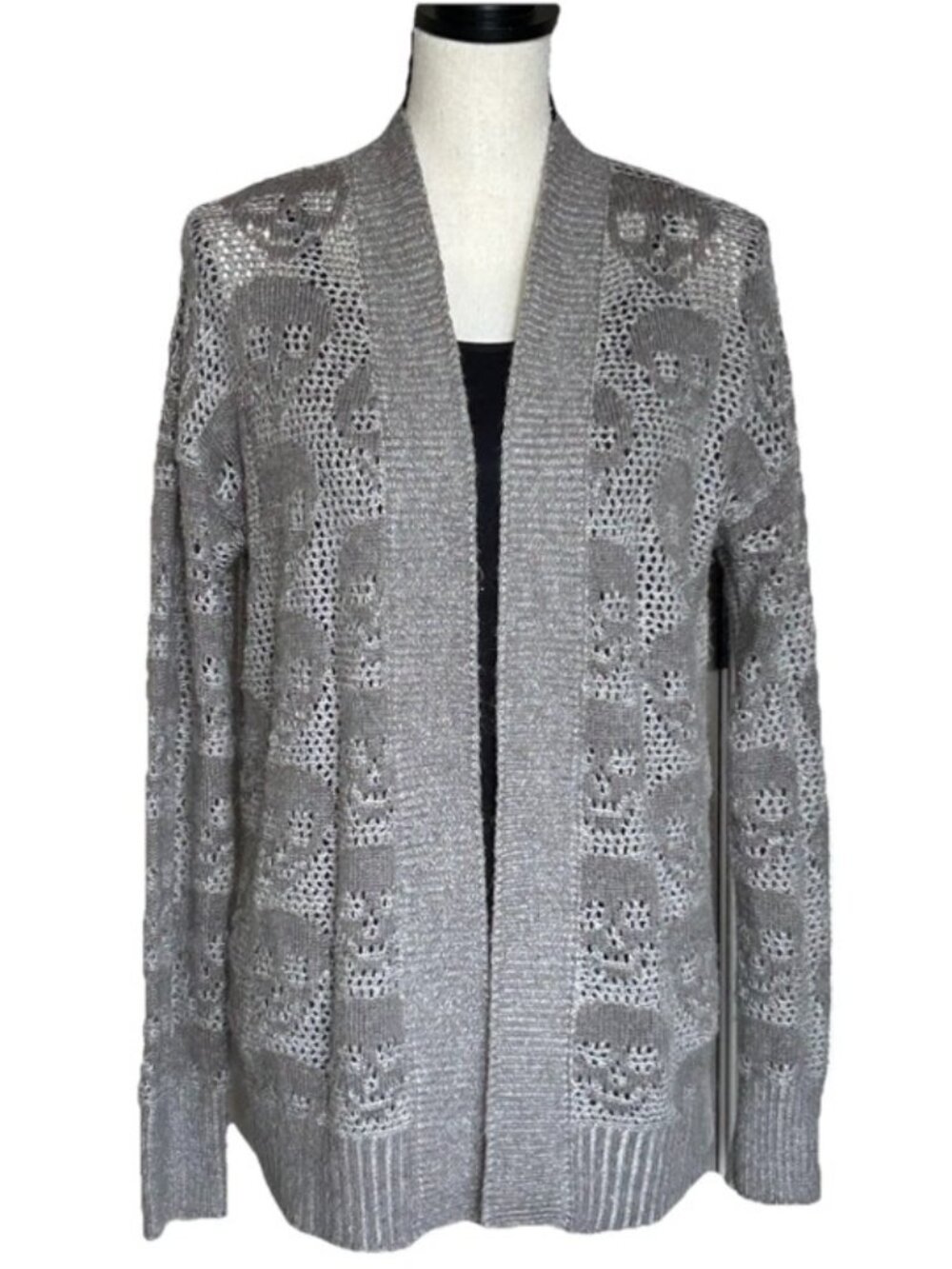 Aeropostale Women Gray Open Front Skull Graphic Cardigan Sweater Loose Knit Sz M - Picture 2 of 12